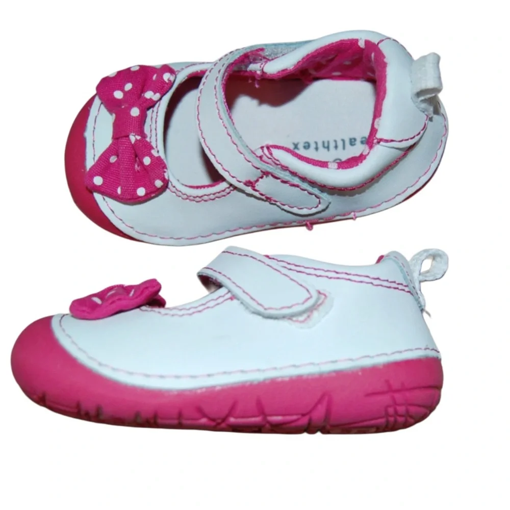 Healthtex Infant White/Pink Polka Dot Bow Mary Jane Walkers Sz 2